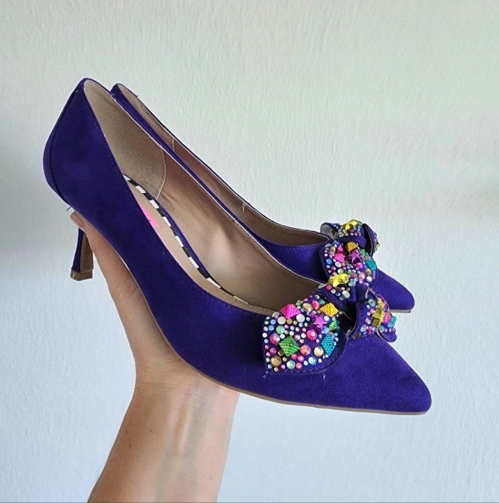 Betsy Johnson Royal Blue Suede Like Stiletto Heels Bow Ties w/ Sequins Size 7.5
